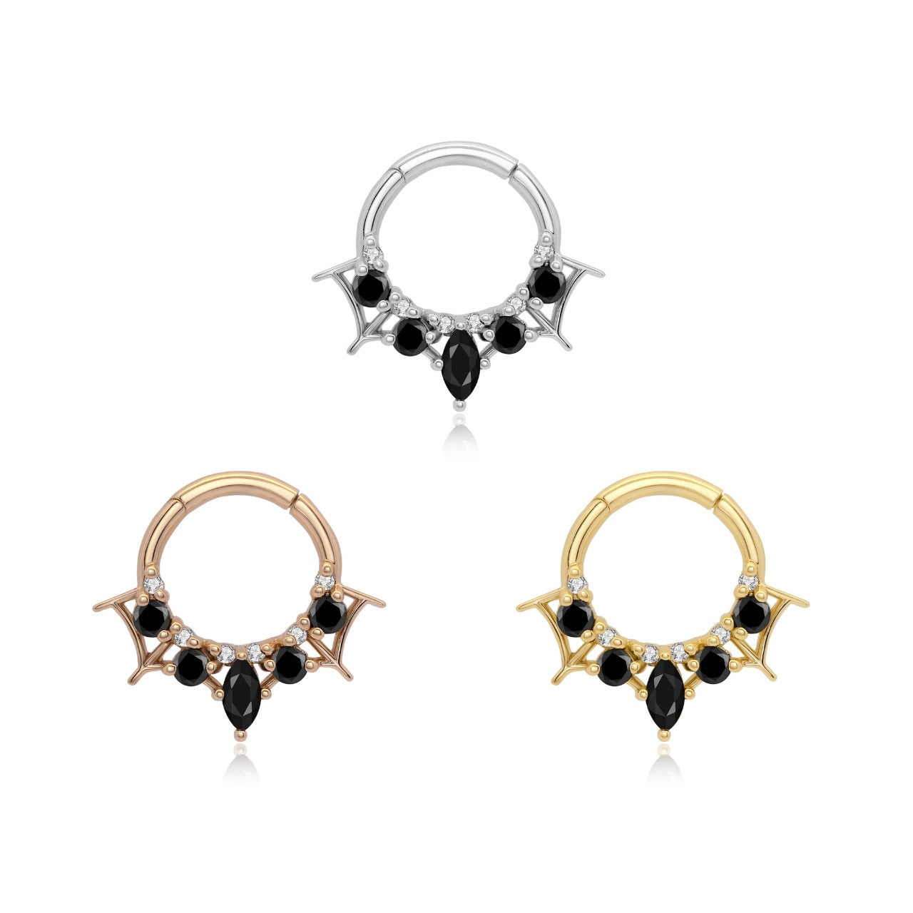 14k gold septum clicker with black onyx and clear CZ stones