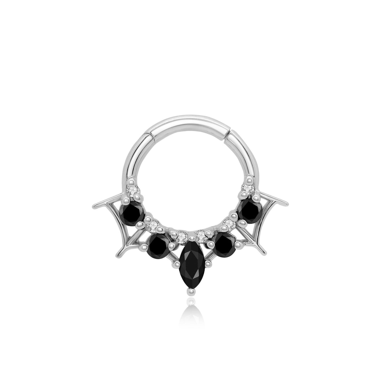 14k gold septum clicker with black onyx and clear CZ stones