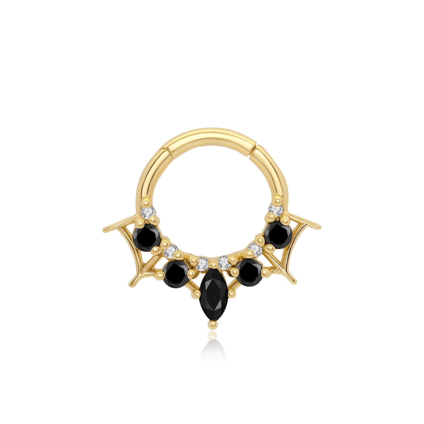 14k gold septum clicker with black onyx and clear CZ stones