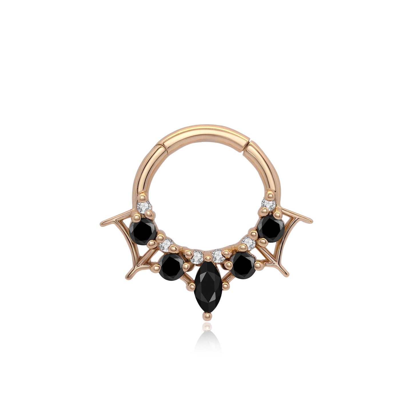 14k gold septum clicker with black onyx and clear CZ stones