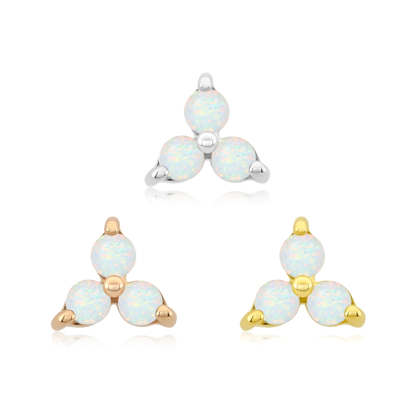 14k gold threadless end with white opal trio body jewelry