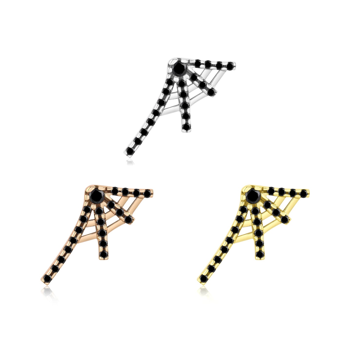 14k gold spider web piercing jewelry with black CZ gemstones