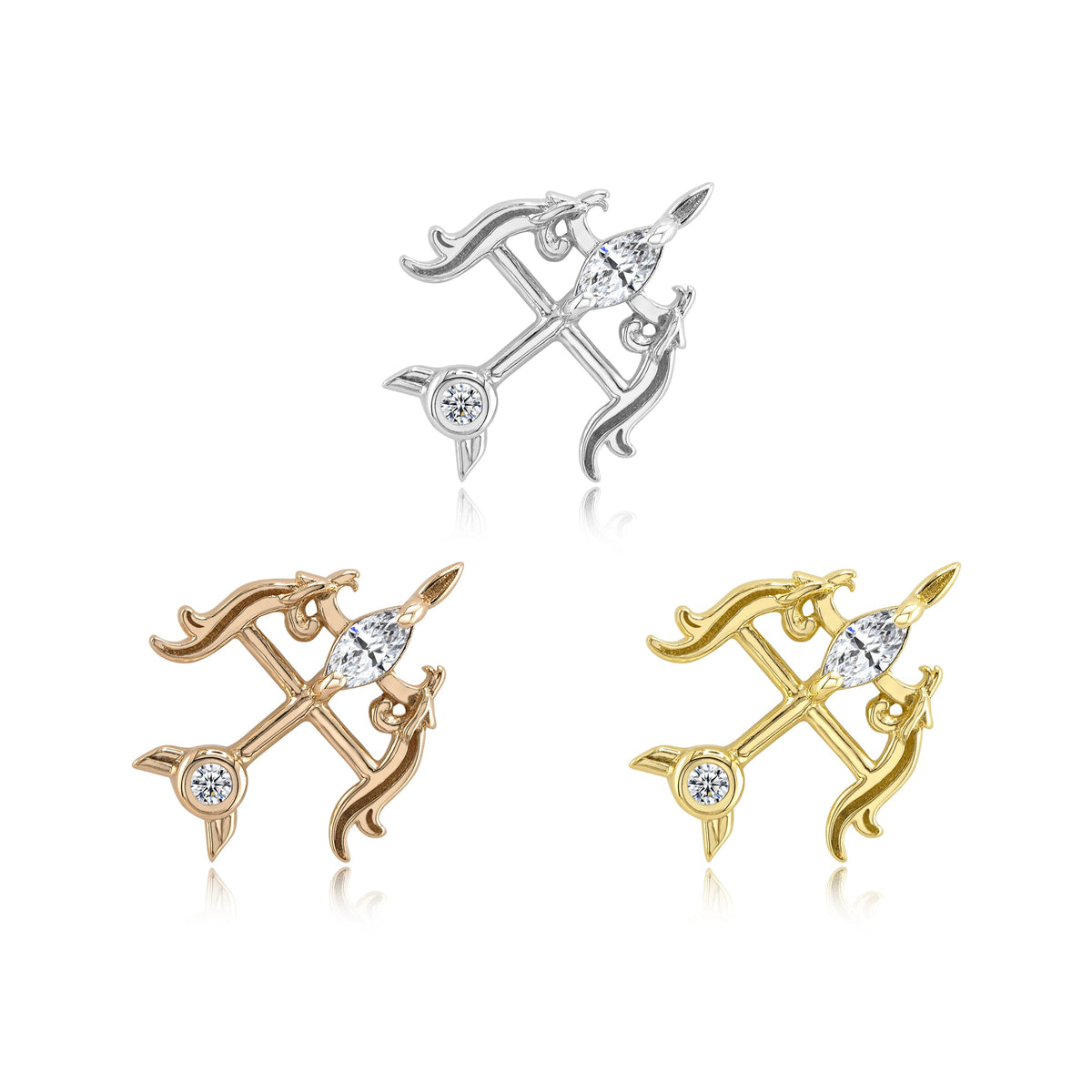14k gold threadless charm with bow and CZs for piercings