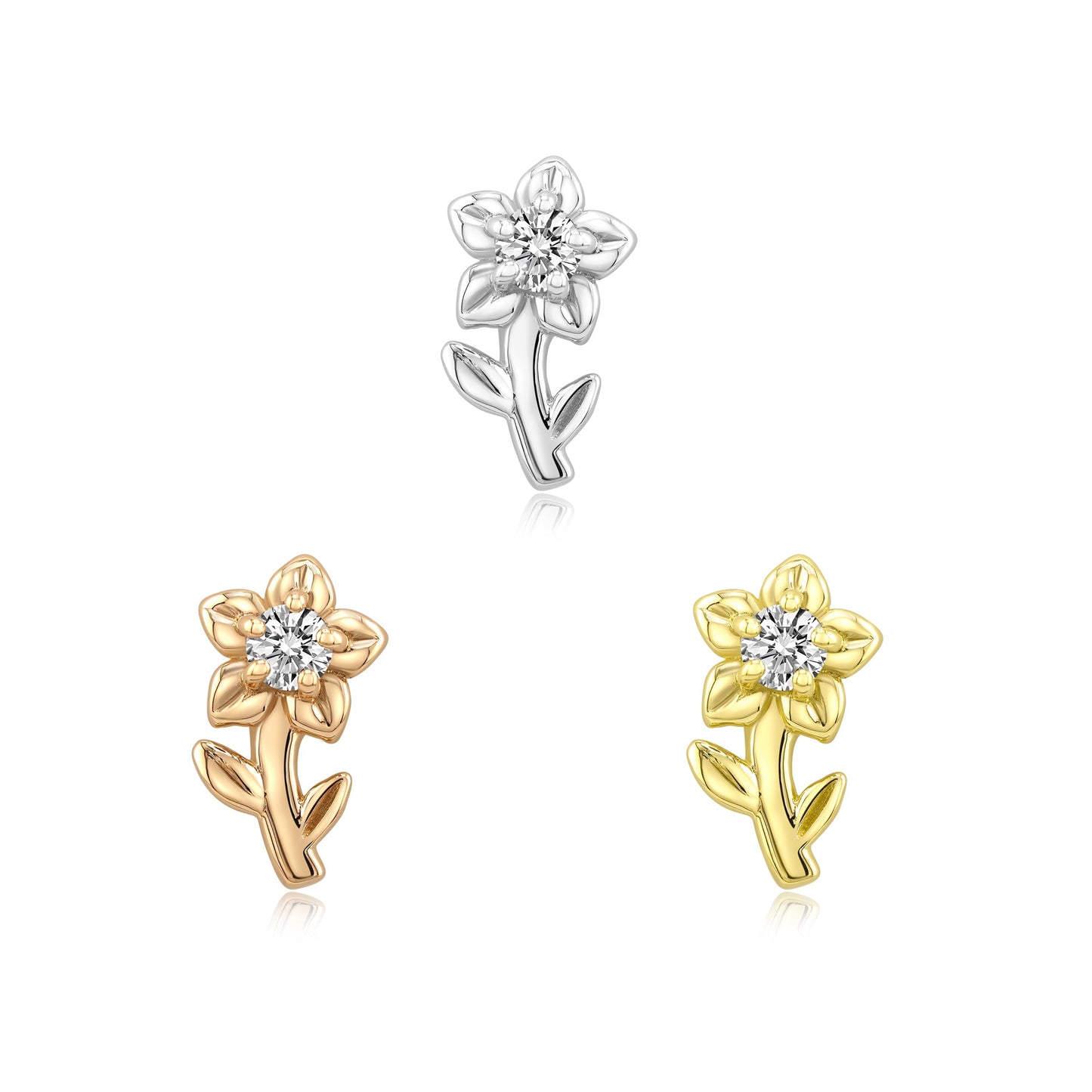 14k gold threadless flower piercing with CZ for nostril or tragus