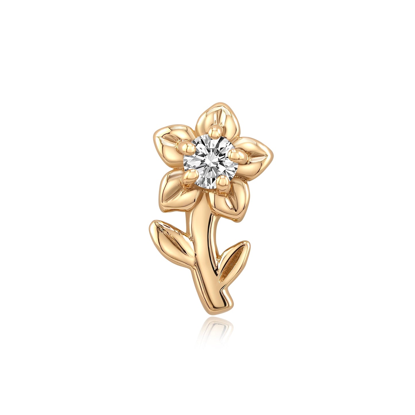 14k gold threadless flower piercing with CZ for nostril or tragus