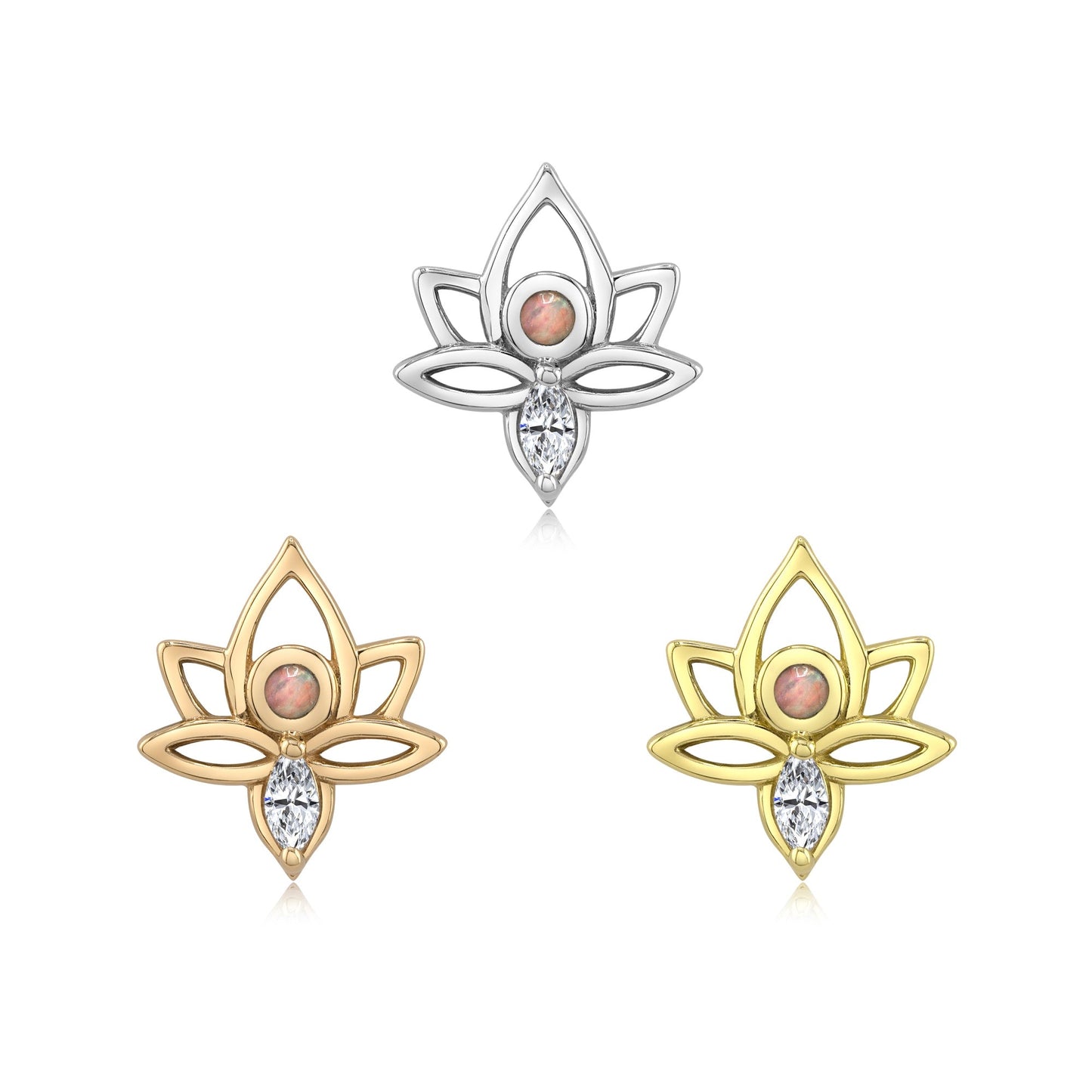 14k gold lotus threadless opal end with white opal and CZ gem