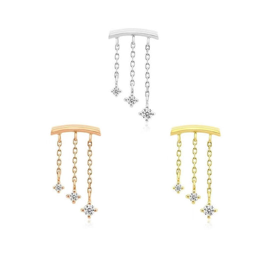 14k gold cascading chain curved bar threadless piercing jewelry