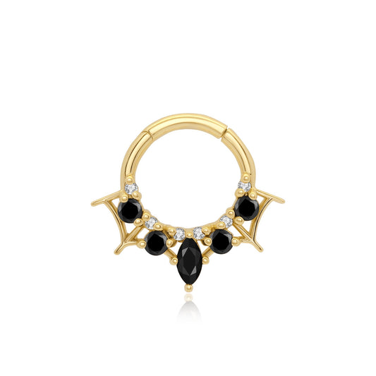 14k gold septum clicker with black onyx and clear CZ stones