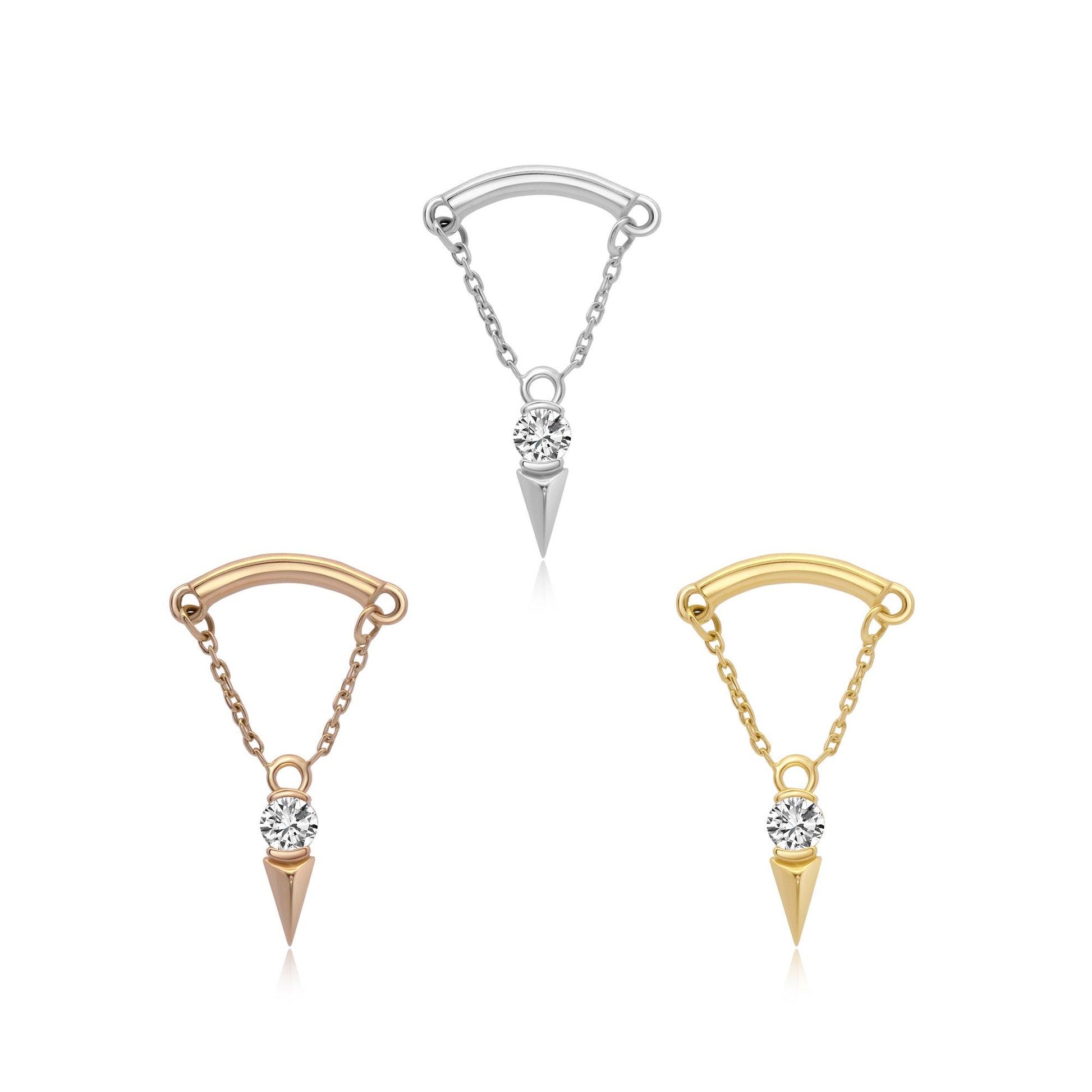 14k gold threadless end helix jewelry with CZ and chain
