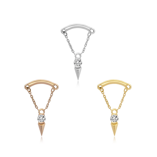 14k gold threadless end helix jewelry with CZ and chain