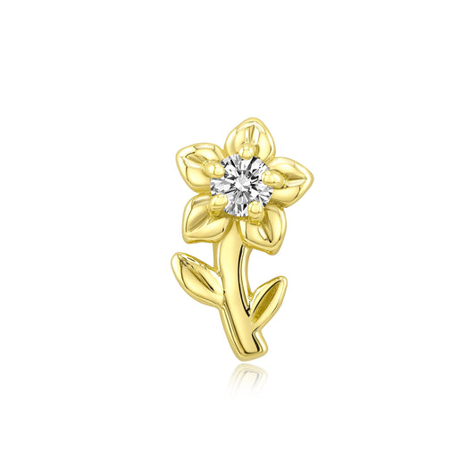 14k gold threadless flower piercing with CZ for nostril or tragus
