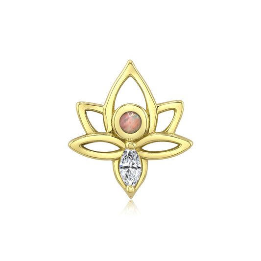 14k gold lotus threadless opal end with white opal and CZ gem